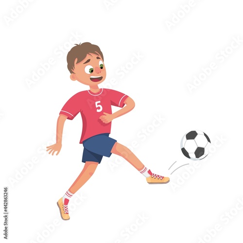 A child is playing football. Vector illustration of an isolated character-a football player boy kicking a soccer ball. Illustration for the children's sports section