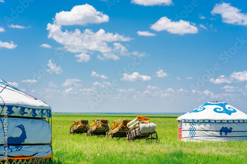 The traditional Mongolian tents on the Hulunbuir grassland in Inner Mongolia, China. photo