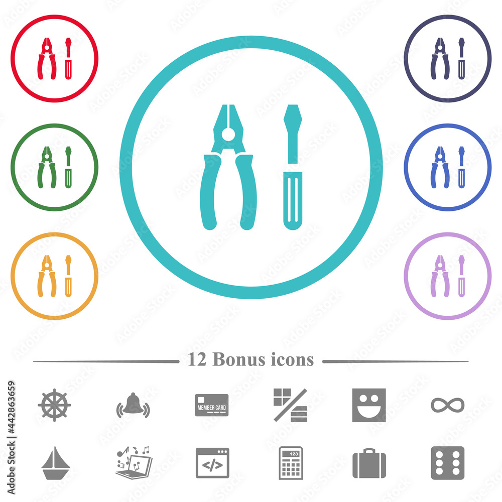 Combined pliers and screwdriver flat color icons in circle shape outlines Combined pliers and screwdriver flat color icons in circle shape outlines