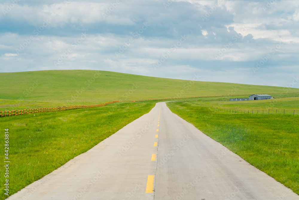 A highway road on Hulunbuir Grasslands, China, summer time.