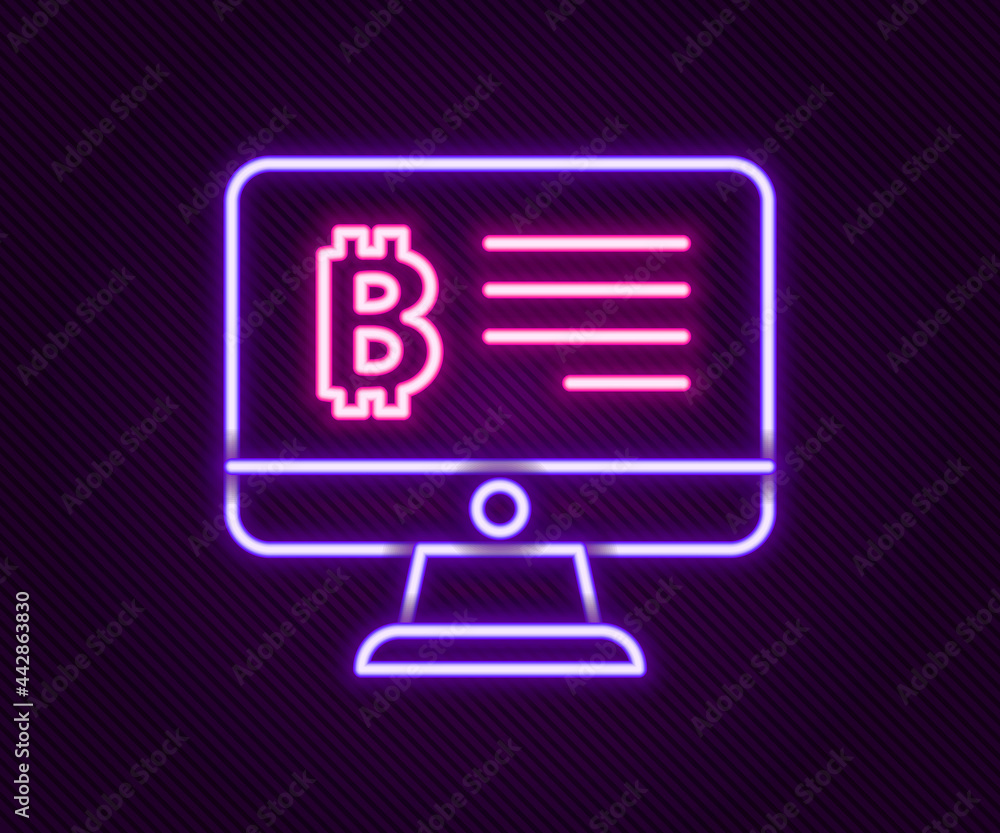 Glowing neon line Mining bitcoin from monitor icon isolated on black background. Cryptocurrency mining, blockchain technology service. Colorful outline concept. Vector Glowing neon line Mining bitcoin from monitor icon isolated on black background. Cryptocurrency mining, blockchain technology service. Colorful outline concept. Vector