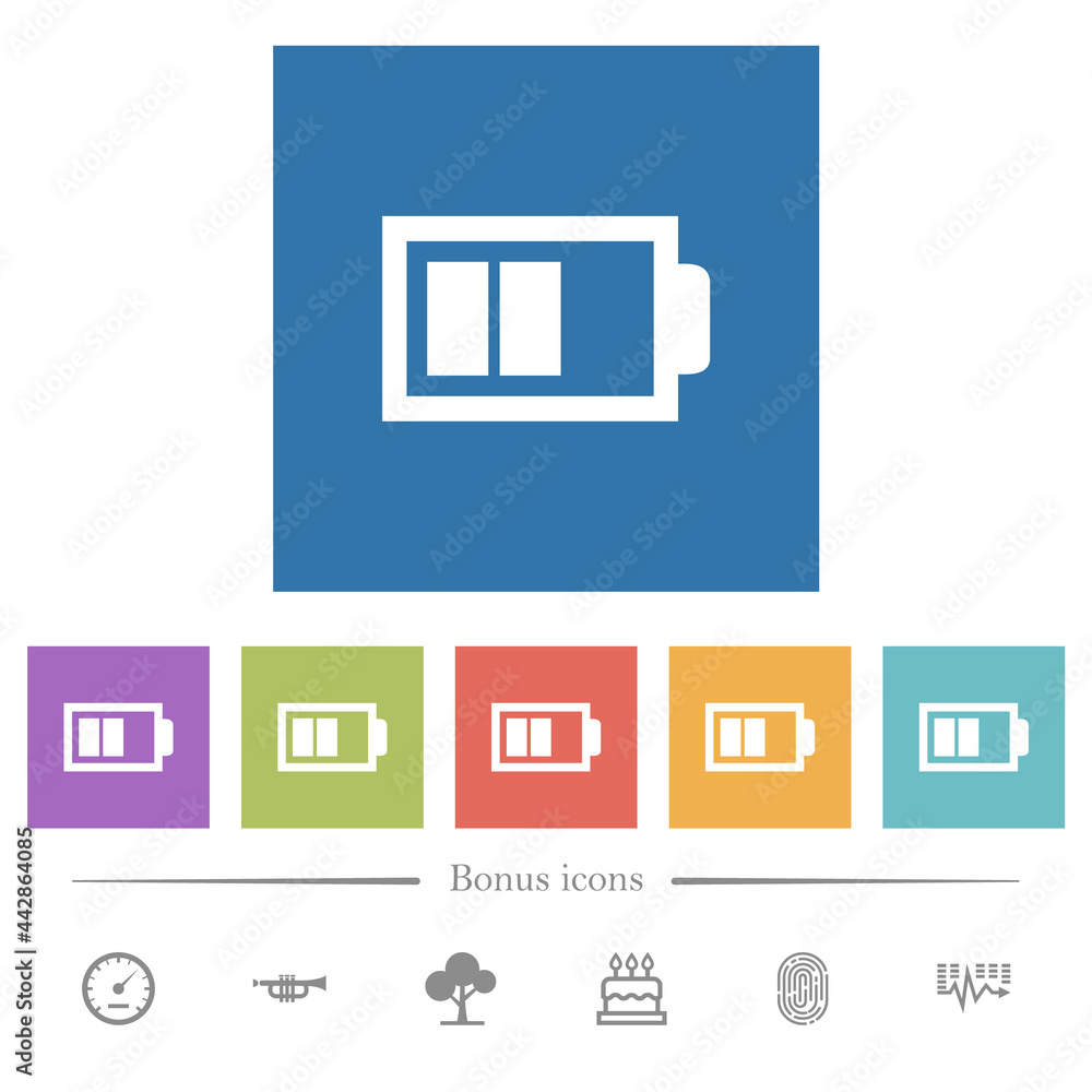 Half battery with two load units flat white icons in square backgrounds Half battery with two load units flat white icons in square backgrounds