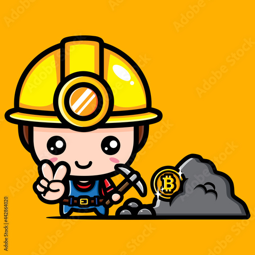 cute male cartoon character vector design as bitcoin coin miner