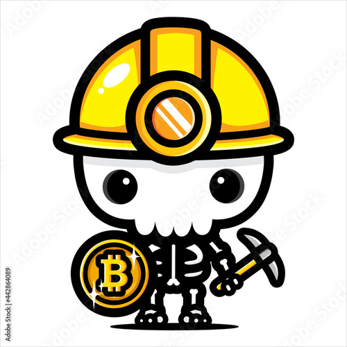skull skeleton cartoon character vector design as a miner holding bitcoin coins