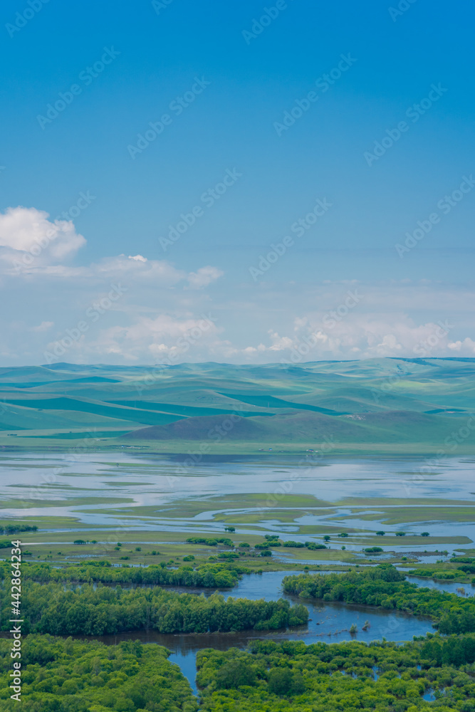 A big wetland on Hulunbuir Grasslands, Inner Mongolia, China.