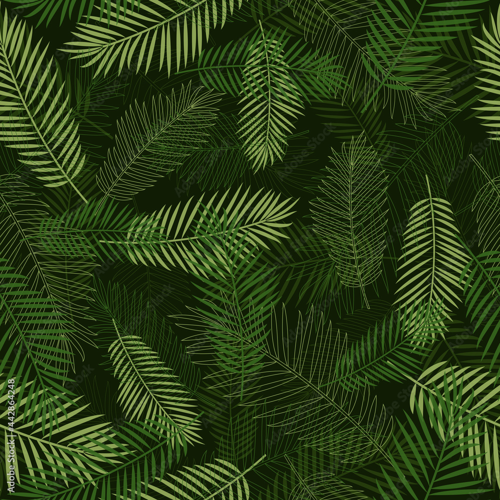 Seamless tropics background. Tropical leaves in a classic green color. Vector illustration for design and web.