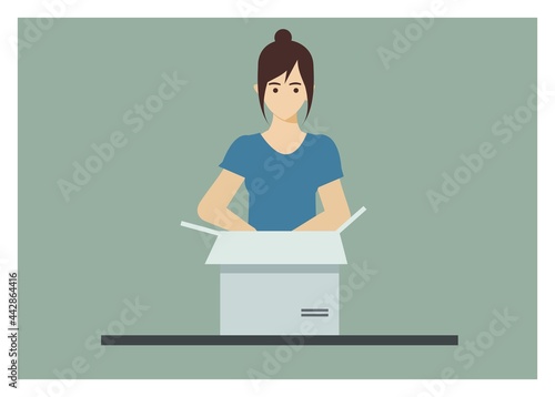 Young girl unboxing a package, simple flat illustration