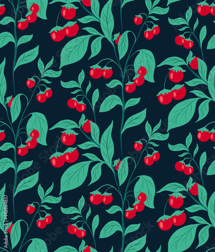 Seamless pattern with cherry tomatoes on the bushes with leaves on dark turquoise background. Vector natural flat texture. Gardening and horticulture. Wallpaper and fabric with herbs and vegetables.