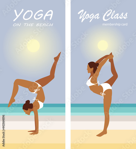 Yoga by the sea, on the beach. Poster, banner, memberrchip card. Active woman is engaged in fitness on the beach. Exercise, stretching . Wellness training in flat vector illustration.