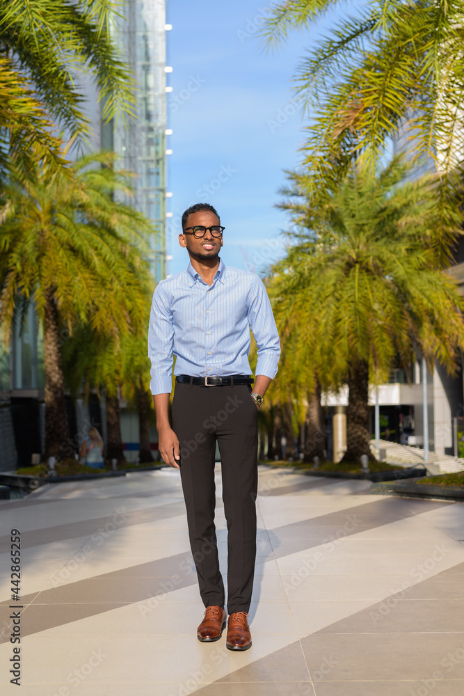 Full length shot of handsome black African businessman outdoors in city during summer