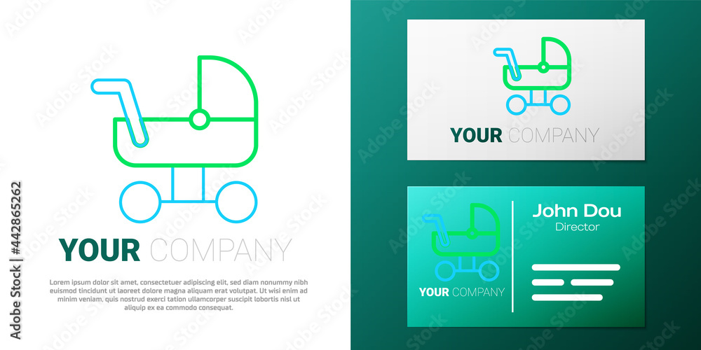Fototapeta premium Line Baby stroller icon isolated on white background. Baby carriage, buggy, pram, stroller, wheel. Colorful outline concept. Vector