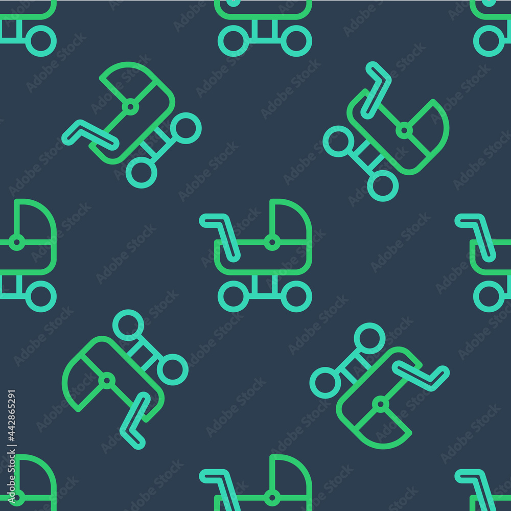 Line Baby stroller icon isolated seamless pattern on blue background. Baby carriage, buggy, pram, stroller, wheel. Vector Line Baby stroller icon isolated seamless pattern on blue background. Baby carriage, buggy, pram, stroller, wheel. Vector