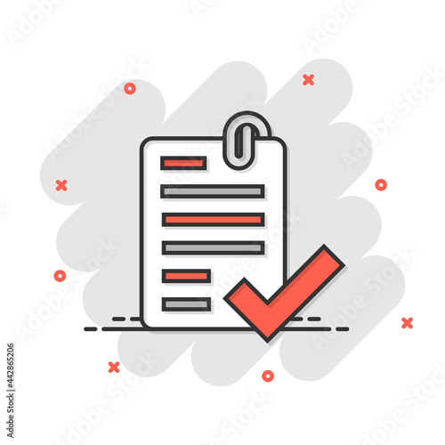 Approved document icon in flat style. Authorize vector illustration on white isolated background. Agreement check mark business concept.