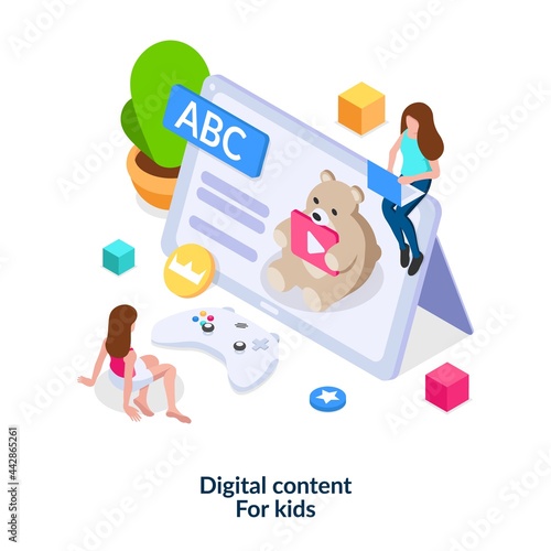 Concept of digital content for kids. Entertainment for children on the web. Safe internet. Educational, fun and friendly content. Vector illustration in isometric style. Isolated on white background