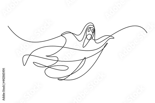 Ghost in continuous line art drawing style. Spooky Halloween monster flying black linear sketch isolated on white background. Vector illustration