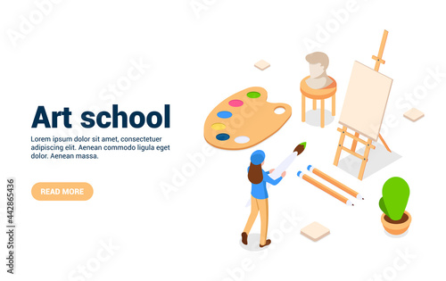 Art school Concept. Creative courses. Hobby studio. Vector illustration in isometric style isolated on white background