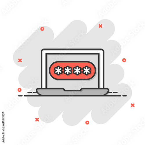 Laptop with password icon in flat style. Computer access vector illustration on white isolated background. Padlock entry business concept.
