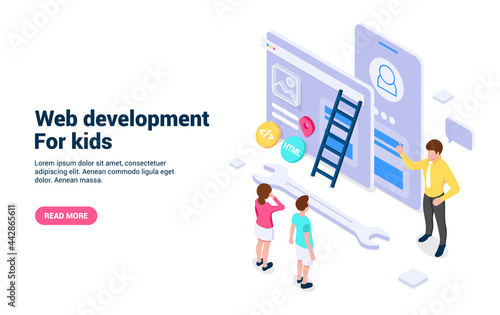 Web development for kids. Concept. Isometric vector illustration, isolated on white background.