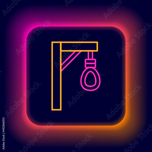 Glowing neon line Gallows rope loop hanging icon isolated on black background. Rope tied into noose. Suicide, hanging or lynching. Colorful outline concept. Vector