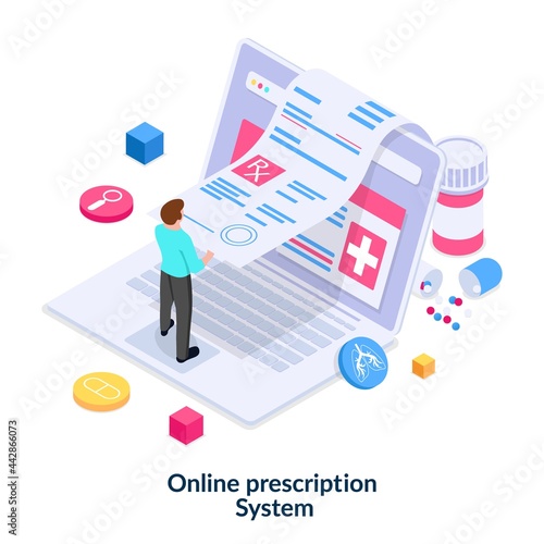 Online prescription system concept. A person has received permission to purchase medicine via the Internet . Vector illustration in isometric style isolated on white background.