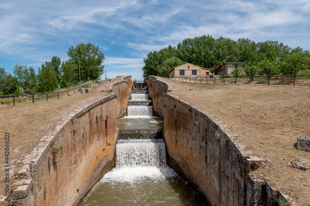 Canal de castilla locks as it passes through Palencia in Castilla y Leon, Spain