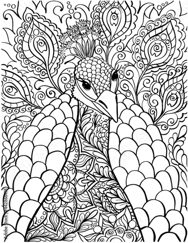Peacock coloring book page. Antistress coloring pages for adults
