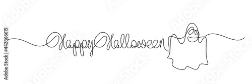 Happy Halloween handwritten lettering with funny ghost symbol. Continuous line drawing text for greeting card, banner, poster design. Vector illustration