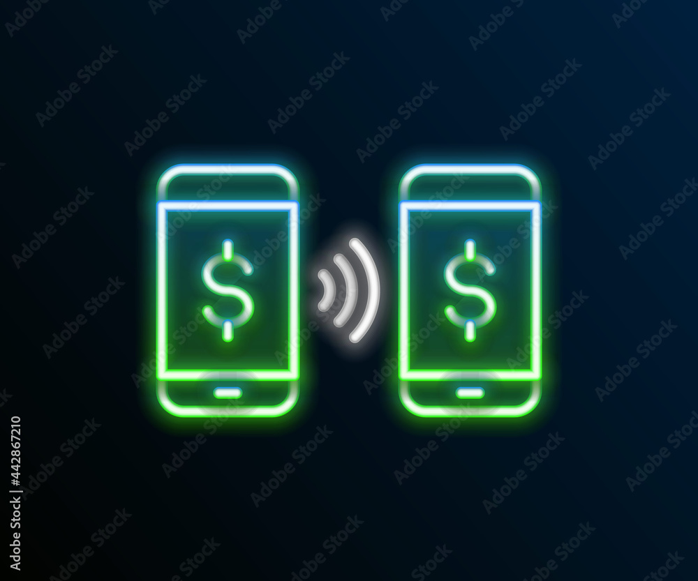 Glowing neon line Money payment transfer in mobile icon isolated on black background. Concept of fast pay by purchase. Sending and receiving money. Colorful outline concept. Vector Glowing neon line Money payment transfer in mobile icon isolated on black background. Concept of fast pay by purchase. Sending and receiving money. Colorful outline concept. Vector