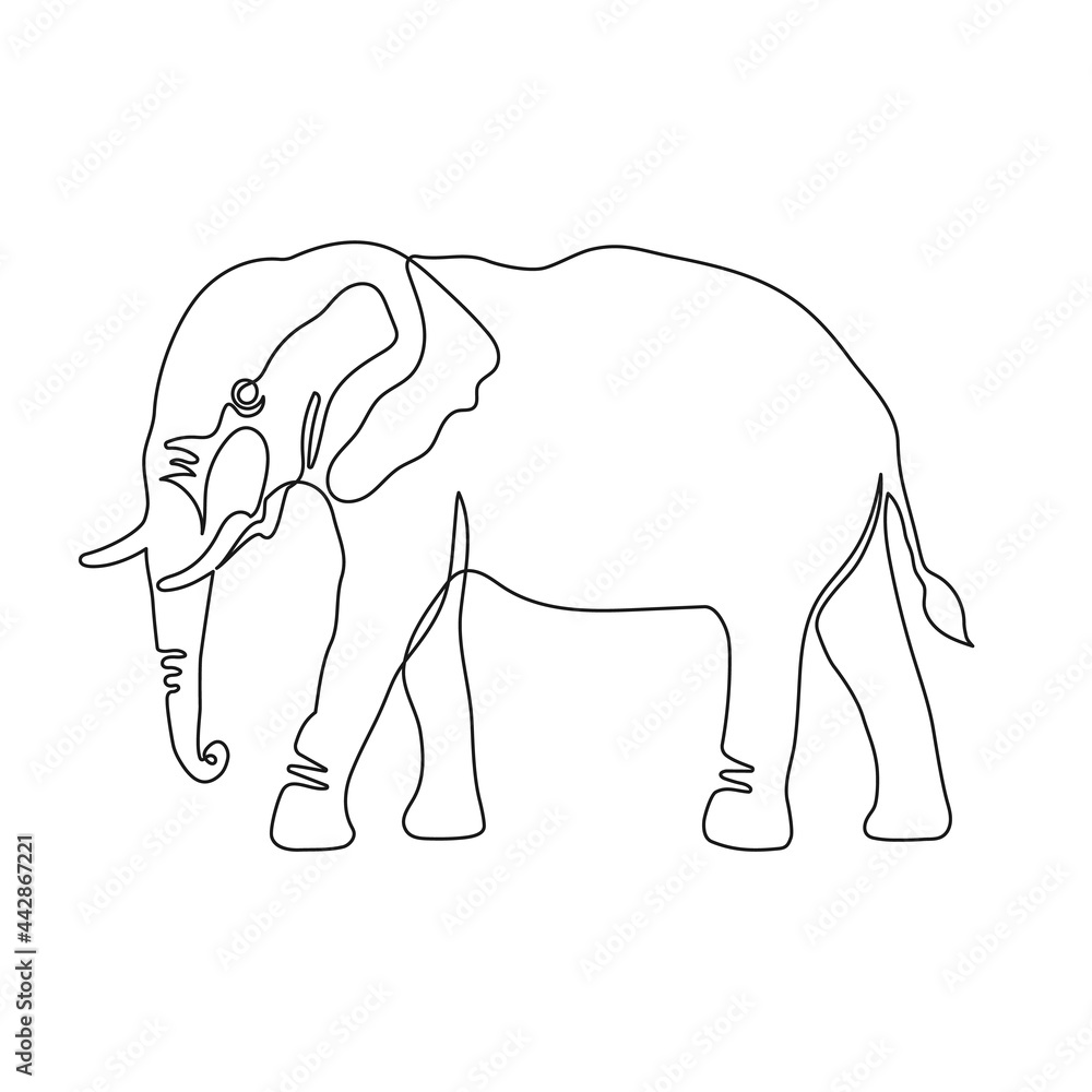 Fototapeta premium Black single one line drawing of the Elephant isolated on white background. One line art design. Vector illustration for postcard, banner, decor, design, arts, web, advirtising, articles.
