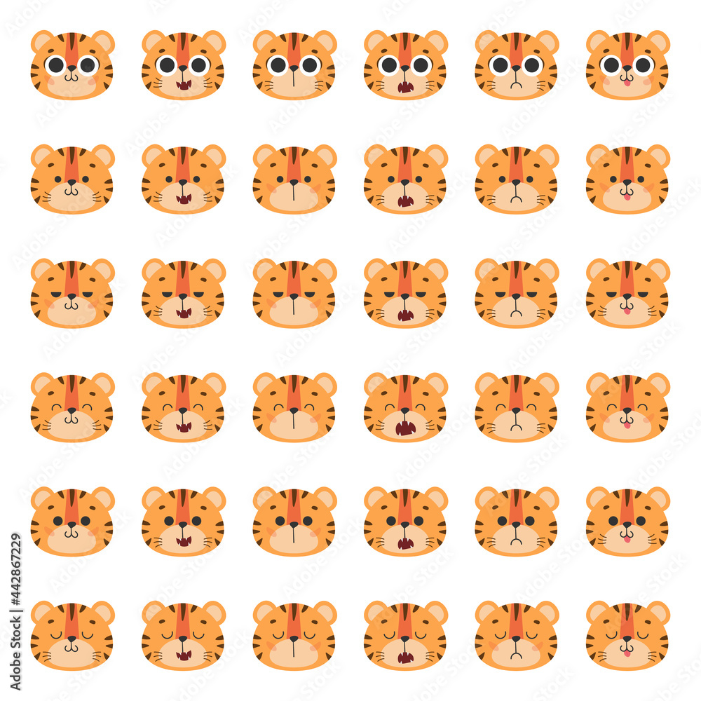 Set of cute 36 muzzles, faces tiger, tiger cub with big eyes, brown stripes, symbol of new 2022 year on white background. Vector illustration for postcard, banner, web, decor, design, arts, calendar. Set of cute 36 muzzles, faces tiger, tiger cub with big eyes, brown stripes, symbol of new 2022 year on white background. Vector illustration for postcard, banner, web, decor, design, arts, calendar.