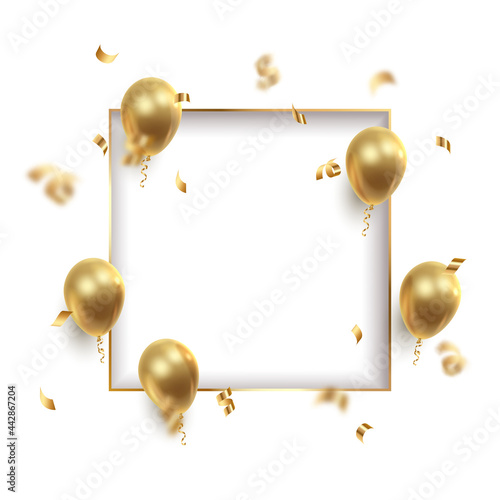Poster witn realistic golden ballons, ribbons, serpentine, confetti and white paper cut square. Vector illustration for card, party, design, flyer, poster, decor, banner, web, advertising. 