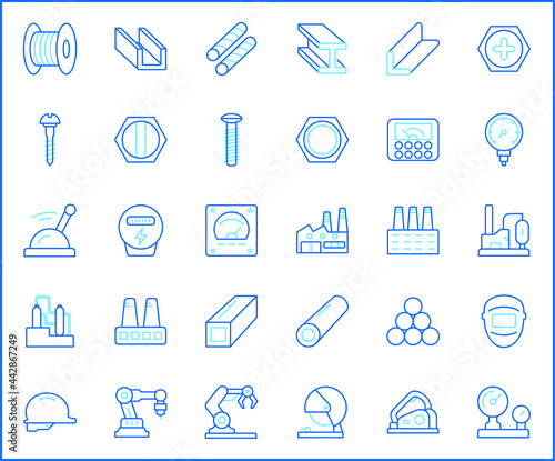 Set of Factory and industrial Icon line style. Contains such Icons as pressure meter, geothermal energy, welding, steel, structure, electric, construction, tool, metallurgy And Other Elements. 