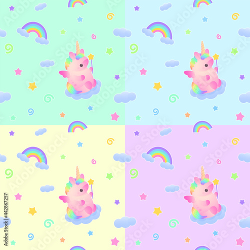 Seamless pattern with cute plump pink unicorn, rainbow and cloud with stars around. Holiday, birthday illustration for greeting card, banner, party on green, blue, yellow, purple background.