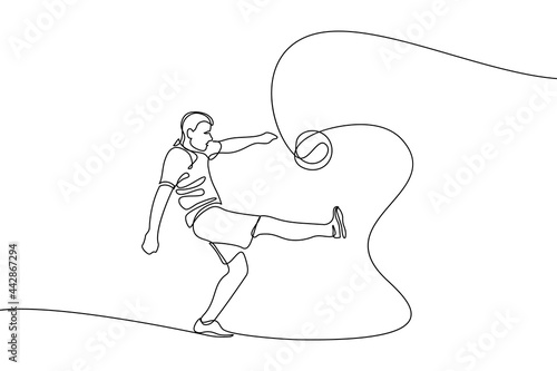 Football player kicking a ball in continuous line art drawing style. Soccer game playing minimalist black linear sketch isolated on white background. Vector illustration