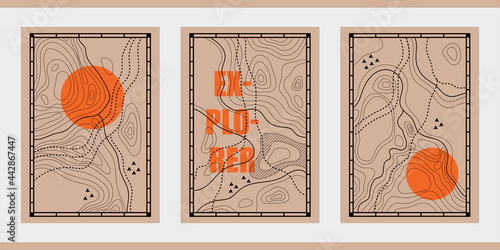 A set of three minimalist illustrations with the relief of mountains, terrain. Vintage posters with topography, map. Thin line backgrounds in warm colors for hikers, climbers, tourists, explorers.