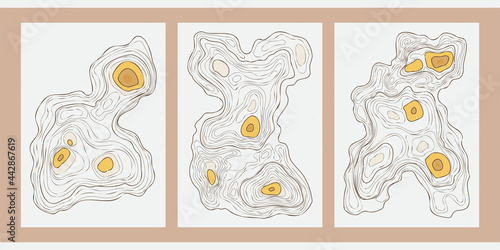 A set of three minimalist illustrations with the relief of mountains, terrain. Vintage posters with topography, map. Thin line backgrounds in warm colors for hikers, climbers, tourists, explorers.