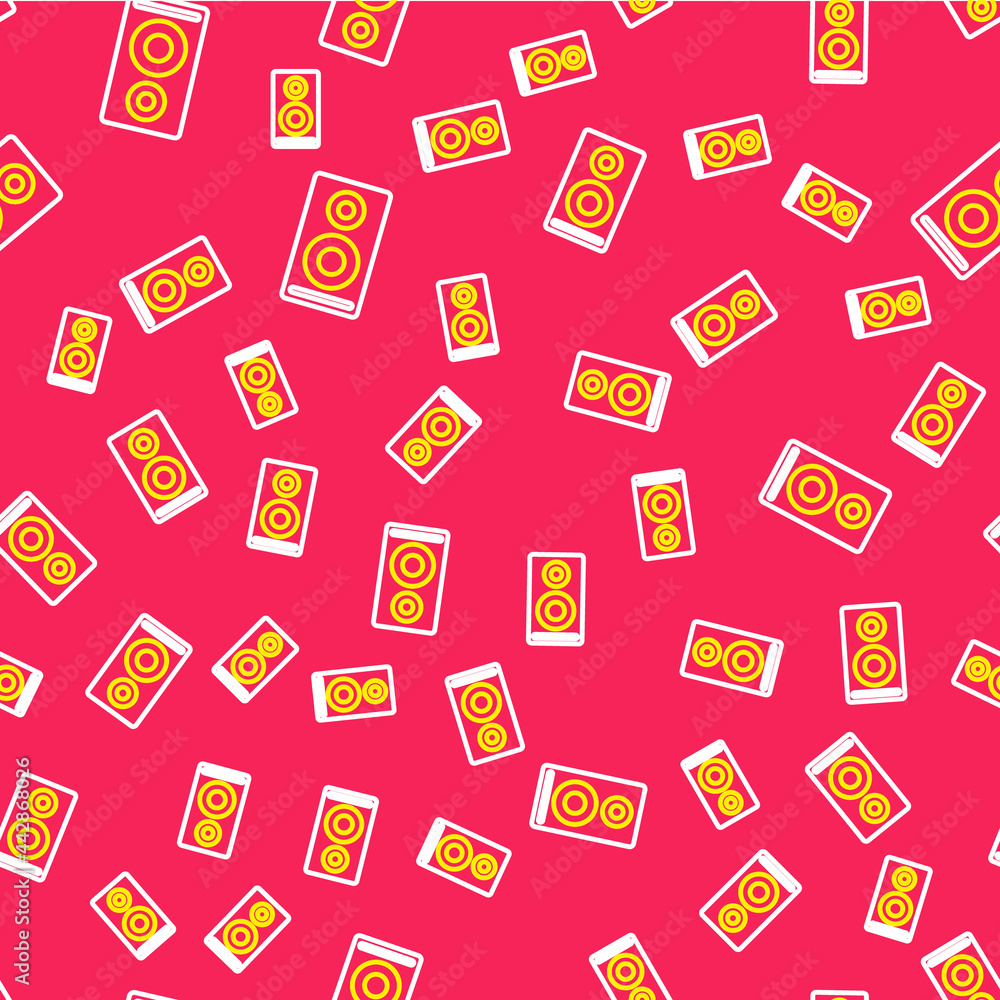 Line Stereo speaker icon isolated seamless pattern on red background. Sound system speakers. Music icon. Musical column speaker bass equipment. Vector Line Stereo speaker icon isolated seamless pattern on red background. Sound system speakers. Music icon. Musical column speaker bass equipment. Vector