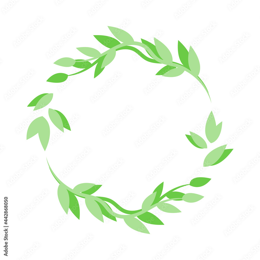 Vector flat leafy ornament, green round frame design template from leaves. Can be used for highlights for social networks. Leaves circular green frame from branches and leaves, simple wreath design.