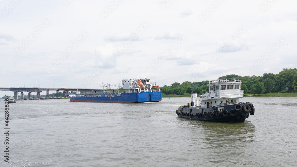 Swimming cargo ships on the river in Rostov-on-Don