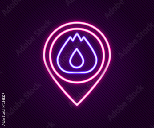 Glowing neon line Map pointer with fire flame icon isolated on black background. Fire nearby. Colorful outline concept. Vector