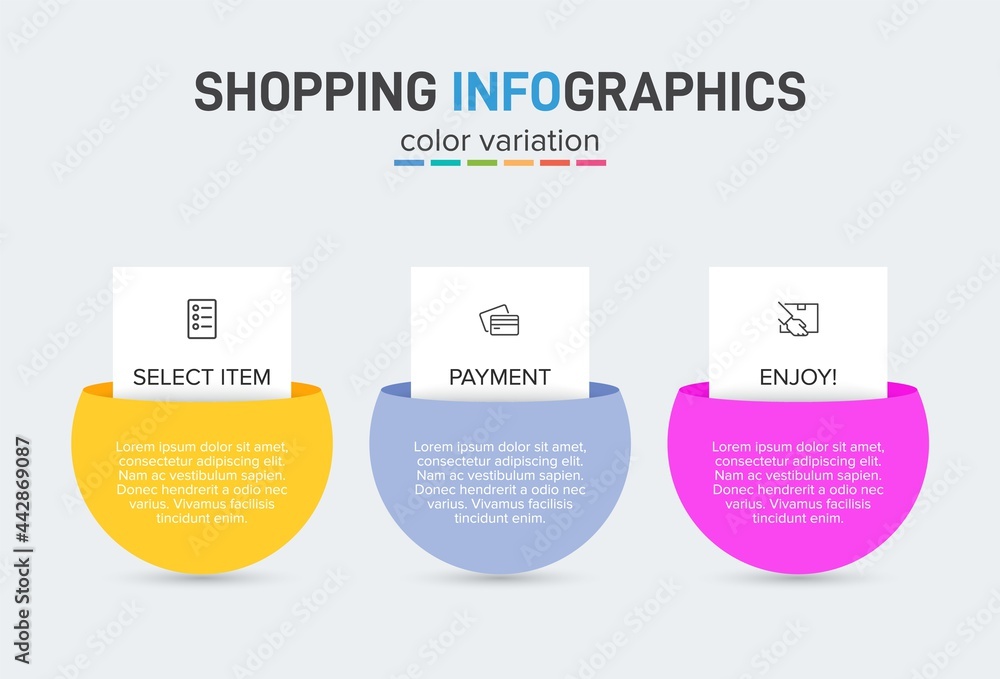 Concept of shopping process with 3 successive steps. Three colorful graphic elements. Timeline design for brochure, presentation, web site. Infographic design layout. Concept of shopping process with 3 successive steps. Three colorful graphic elements. Timeline design for brochure, presentation, web site. Infographic design layout.
