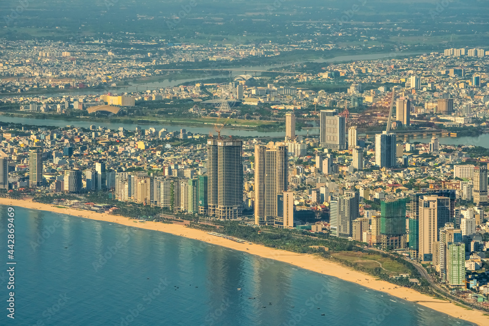 Aerial view of Da Nang city, Vietnam. Cityscape view at Son Tra peninsula