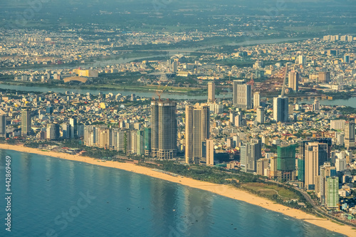 Aerial view of Da Nang city  Vietnam. Cityscape view at Son Tra peninsula