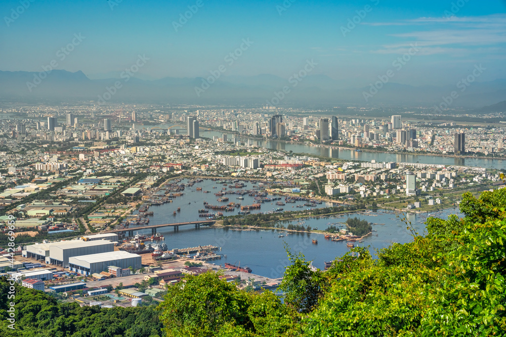 Aerial view of Da Nang city, Vietnam. Cityscape view at Son Tra peninsula. Vung Thung port