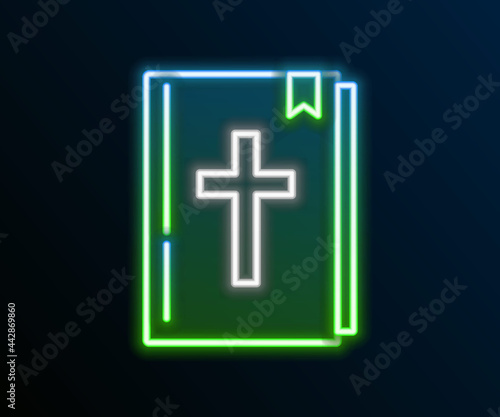 Glowing neon line Holy bible book icon isolated on black background. Colorful outline concept. Vector