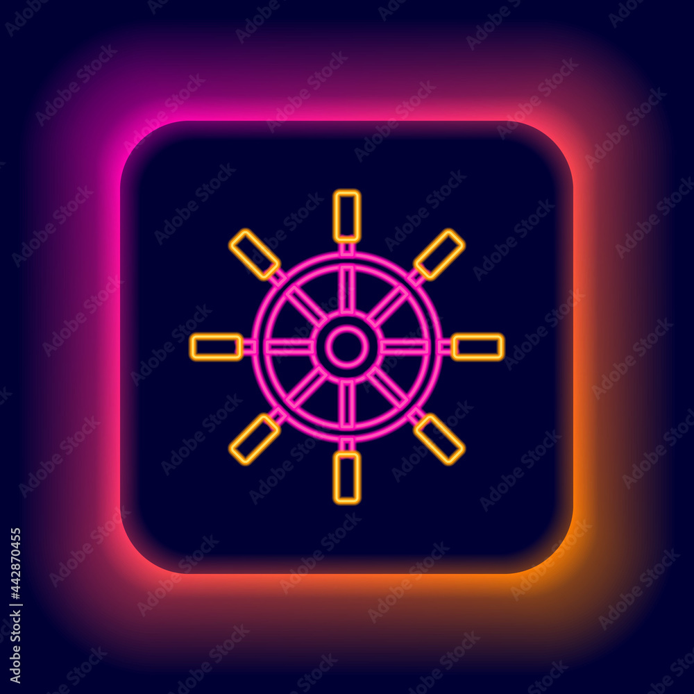 Glowing neon line Ship steering wheel icon isolated on black background. Colorful outline concept. Vector Glowing neon line Ship steering wheel icon isolated on black background. Colorful outline concept. Vector