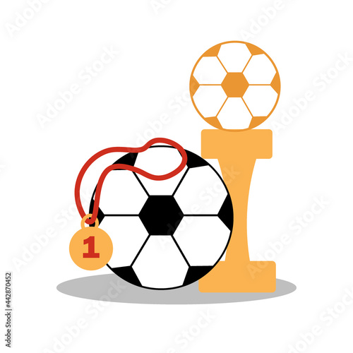 Soccer ball with a medal and a statuette of the winner of the championship. Football game attributes for postcard, logo or design. Flat illustration.