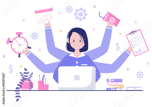 Multitasking Business Woman Or Office Worker as Secretary Surrounded By Hands With Holding Every Job In The Workplace. Vector Illustration
