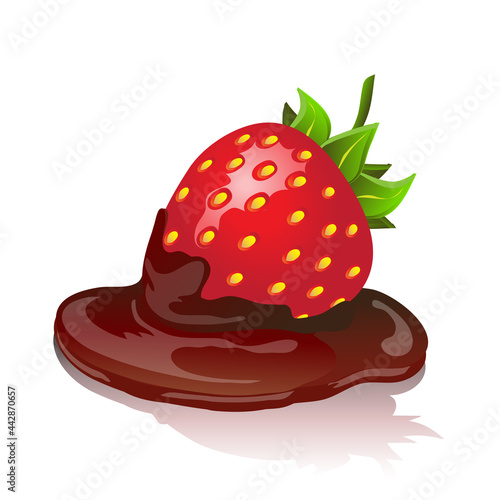 Chocolate strawberry. A plump and ripe red strawberry dipped in dark melting chocolate, isolated on a white background. 