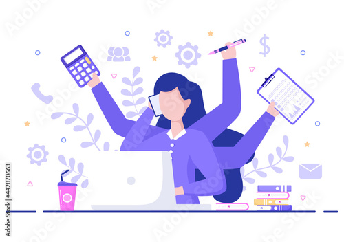 Multitasking Business Woman Or Office Worker as Secretary Surrounded By Hands With Holding Every Job In The Workplace. Vector Illustration